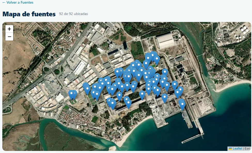 Mapa satélite con los 92 equipos de agua ubicados en la planta