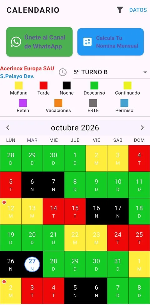Pantalla de Calendario Turnos Acerinox con el mes pintado por turnos