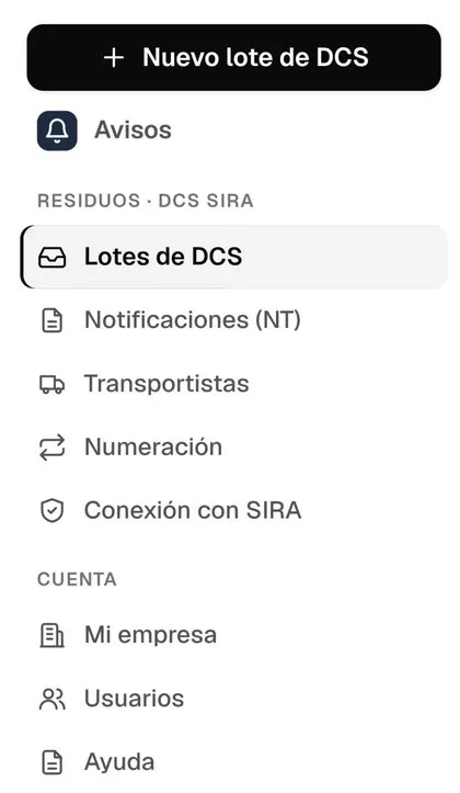 Menú de DCS Fácil: lotes de DCS, notificaciones, transportistas, numeración y conexión con SIRA