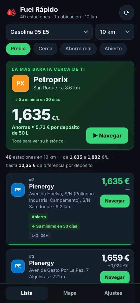 Pantalla de Fuel Rápido con la gasolinera más barata cerca
