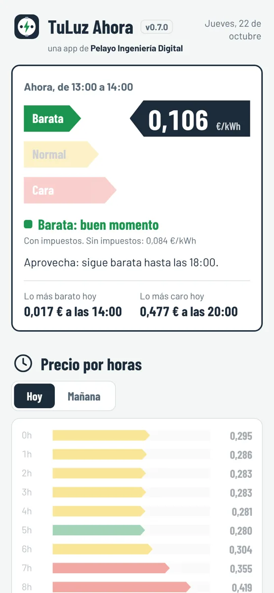 Pantalla de TuLuz Ahora con el precio de la luz de ahora y por horas